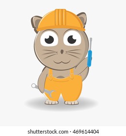 Cat general worker  in overalls and helmet. vector illustration
