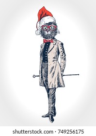 Cat gentleman in a frock coat and a top hat, holds a cane in hand. Christmas poster with cat portrait in red Santa's hat. Hand drawn vector illustration, vintage engraved style. For new year's day