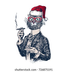 Cat gentleman holding glass of beverage and cigar. Christmas poster with cat portrait in red Santa's hat. Hand drawn vector illustration, vintage engraved style. For new year's day, christmas