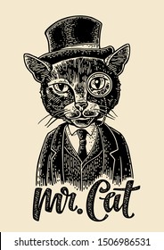 Cat gentleman holding a watch and dressed in a hat, suit, waistcoat. Vintage black engraving illustration for poster. Isolated on beige background. Hand drawn design element for label and poster