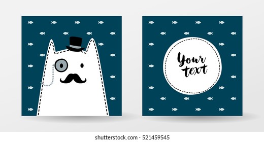 Cat gentleman. Monocle, Hat, Mustache, Hipster character. Cute vector color illustration for print textile, shirt, pillow, vintage greeting card. Picture for children room interior. Scandinavian style