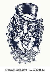 Cat gentleman tattoo and t-shirt design. Fashionable space cat in a retro jacket and art nouveau flowers 