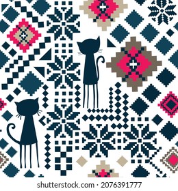 Cat and geometric vector background, seamless pattern vector illustration