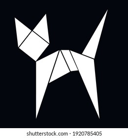 Katze aus geometrischen Formen auf schwarzem Hintergrund. Tangram-Tiersymbol. Erziehung der Kinder. Alternative Kommunikation.