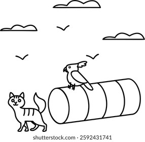 Cat get Basic Tunnel Training outline concept, Parrot Sitting at edge of obstacle vector design, Pet foster and hotel Symbol, kennel animals Sign, Human-animal interaction scene illustration