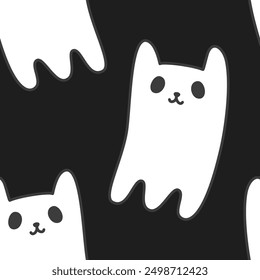 cat ghost cartoon character on black background wallpaper seamless pattern for halloween 