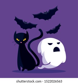 Cat and ghost cartoon design, Halloween holiday horror scary celebration autumn dark and party theme Vector illustration