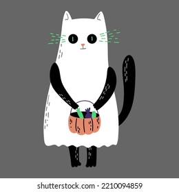 Cat In Ghost Costume. Hand Drawn Halloween Illustration