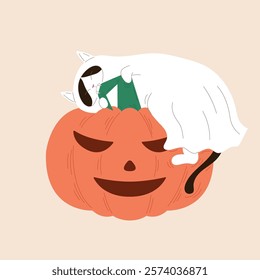 Cat in a ghost costume lies on a pumpkin and bites it in flat style. Design for postcard, banner for Happy Halloween holiday.