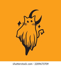 Cat Ghost Halloween Vector Silhouette Cute Mascot Logo Illustration