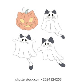 Cat ghost pumpkin vector clip-art set isolated on white. Halloween cat illustration