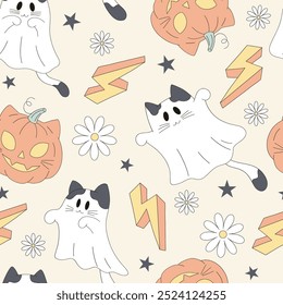 Cat ghost pumpkin vector seamless pattern. Halloween cat background. 