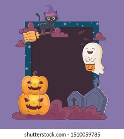 A cat, ghost and pumpkins and gravestone frame halloween