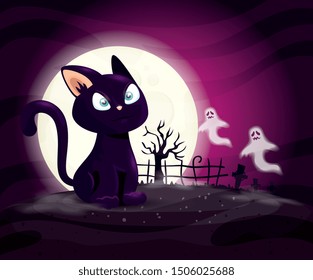 cat with ghosts mysteries in halloween scene