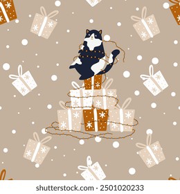 Cat, gift box, Christmas tree, seamless pattern, Funny Christmas Vector background for designs of wrapping paper, covers, fabric, textiles. greeting cards. Concept of Christmas and New Year