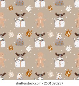 Cat, gift box, Christmas tree, seamless pattern, Funny Christmas Vector background for designs of wrapping paper, covers, fabric, textiles. greeting cards. Concept of Christmas and New Year