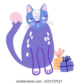 Cat with a gift box. Funny cute kitty with present. Perfect For birthday holiday and New Year. Hand drawn vector illustration, banner or card isolated on white background