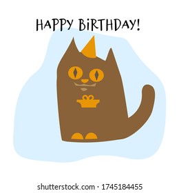 Cat with a gift box. Inscription, Happy Birthday! Vector illustration. Blue-brown design. Flat style.