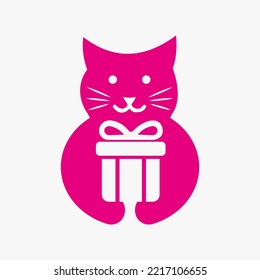 Cat Gift Box Logo Negative Space Concept Vector Template. Cat Holding GiftBox Symbol
