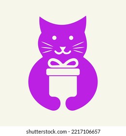 Cat Gift Logo Negative Space Concept Vector Template. Cat Holding Gift Box Symbol