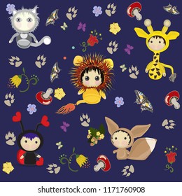 cat, giraffe, ladybug, lion, squirrel. Cartoon characters,