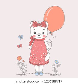 Cat girl with balloon. Cute cartoon vector illustration