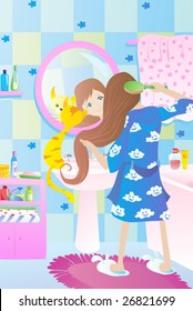 Cat and girl in the bathroom vector