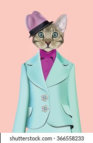 Cat girl dressed up in classic retro style. Vector Illustration of cute anthropomorphic cat wearing suit, blouse, shirt and hat. Realistic Fashion animal portrait isolated on pink background