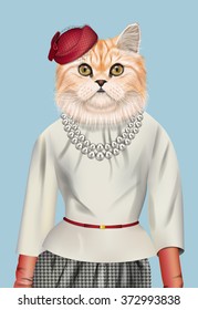 Katzenmädchen in elegantem Outfit und roter Kappe. Mode, Vektorgrafik der Persischen Katze.