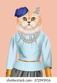 Cat girl dressed up in elegant outfit and blue cap. Fashion vector illustration of Persian cat.