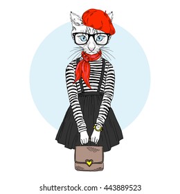 cat girl dressed up in french chic style, furry art illustration, fashion animals