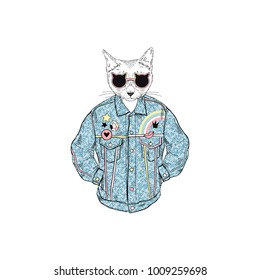cat girl dressed up in retro denim jacket, anthropomorphic animal illustration