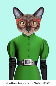 Cat girl dressed up in retro style. Vector Illustration of cute anthropomorphic cat wearing classic dress, belt, gloves sunglasses. Realistic Fashion animal portrait isolated on blue background