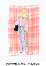 Cat girl dressed up in retro style, furry art illustration