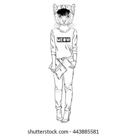 cat girl dressed up in urban style, furry art illustration, fashion animals