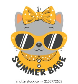 Cat Girl Face With Sunglasses, Summer Babe Slogan Text For T-shirt Graphics, Fashion Prints And Other Uses