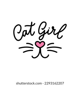 Chica de gato divertido diseño de cara de gato con letras. El gato dulce maulló el eslogan con la nariz y los bigotes en forma de corazón. Ilustración del vector