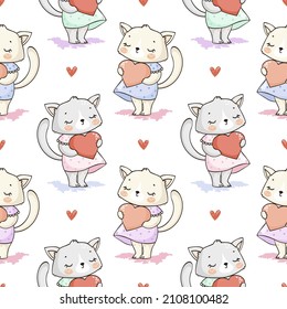 Cat girl with heart seamless pattern for kids