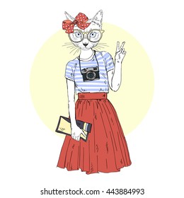 cat girl hipster with photo camera, furry art illustration, fashion animals