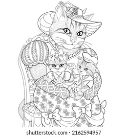 Cat girl portrait. Fantasy animal coloring book page for adults