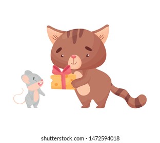 Cat gives a gift to the mouse. Vector illustration on white background.