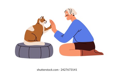 Cat giving high five, paw to person. Smart feline, trained kitty pet greeting owner. Human and animal relationships, communication concept. Flat vector illustration isolated on white background