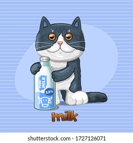 Cat and glass bottle with natural milk. Vector illustration