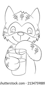 Cat with a glass of milk. Element for coloring page. Cartoon style.