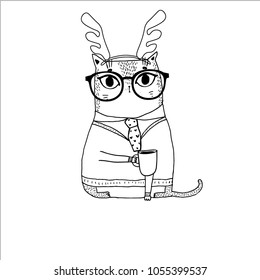cat in glasses with antlers, cartoon hand drawn vector illustration. Can be used for baby t-shirt print, fashion print design, kids wear, baby shower celebration, greeting and invitation card.