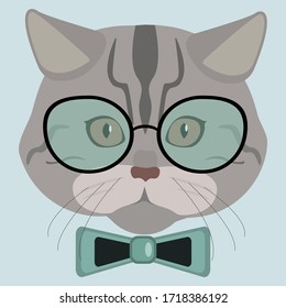 Cat in glasses and a bow tie. Vector illustration of a cat's head for the design of postcards, covers, clothing and printing products. T-shirt print