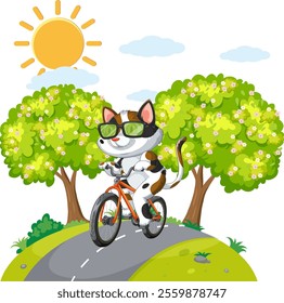 Cat with glasses cycling on a sunny day