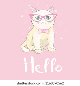 Сute cat with glasses design. Kids illustrations for school books and more.