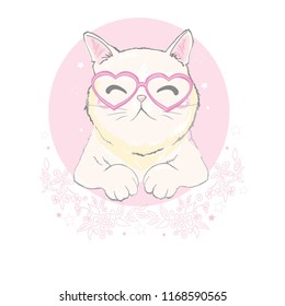  Сute cat with glasses design. Kids illustrations for school books and more.