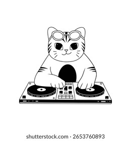 gato óculos dj conjunto lineart doodle vetor ilustração
